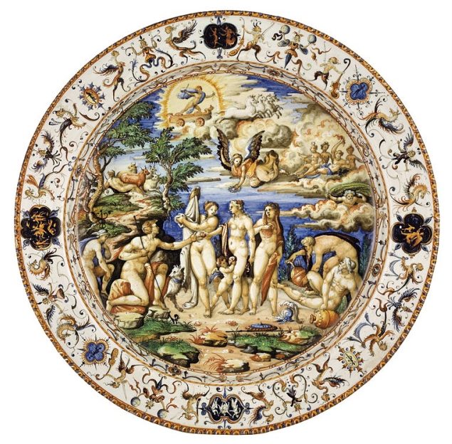 "Sąd Parysa" – przykład stylu istoriato; talerz z pracowni Orazia Fontany