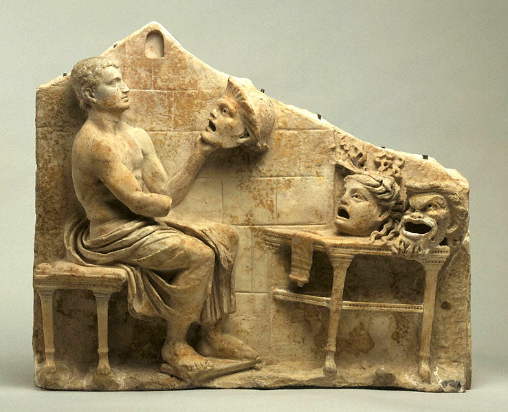 Relief of a seated poet (Menander) with masks of New Comedy, 1st century B.C. – early 1st century A.D. White marble, probably Italian h. 48.5 cm., w. 59.5 cm., d. 8.5 cm. (17 7/16 x 23 7/16 x 3 3/8 in.) Museum purchase, Caroline G. Mather Fund y1951-1 - the masks show three of his canonical New Comedy characters: youth, false maiden, old man. Collection of Princeton Art Museum