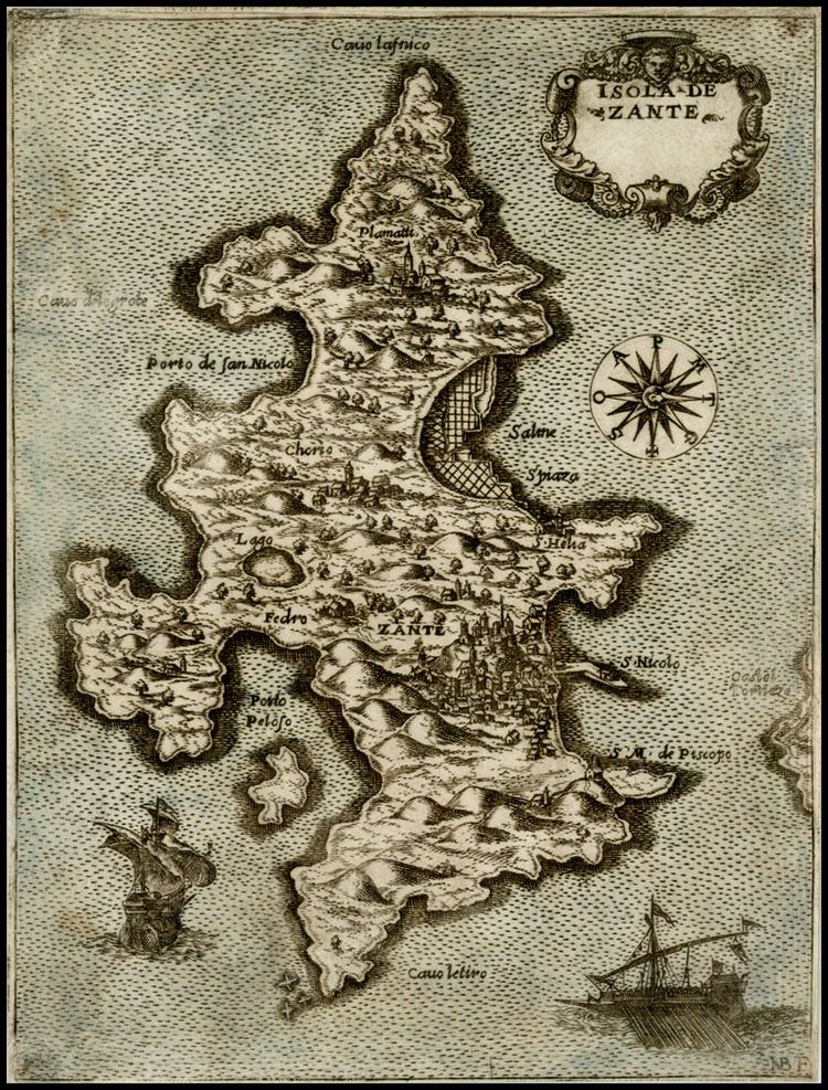 Mapa wyspy Zakintos autorstwa Donata Bertellego, 1574, Wikimedia Commons, CC BY-SA 4.0