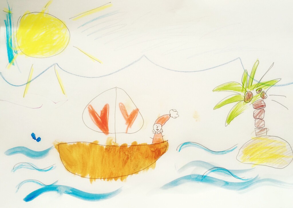 Mikołaj płynący z Hiszpanii mija wyspy, na których rosną palmy kokosowe. Jako ilustratorka debiutuje dziś u nas Tullia Wollner (lat 6).