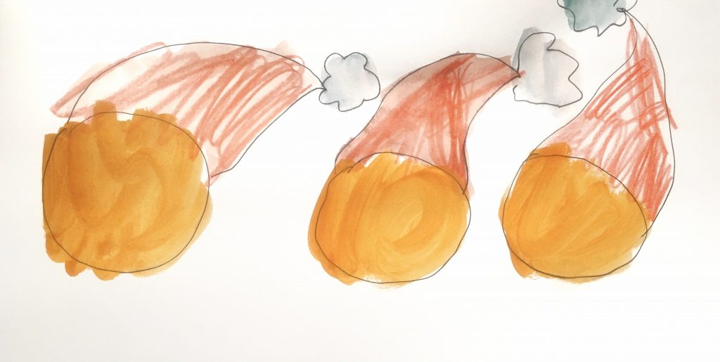 Jako ilustratorka debiutuje dziś u nas Tullia Wollner (lat 6). Powyżej: pomarańcze w Mikołajowych czapkach