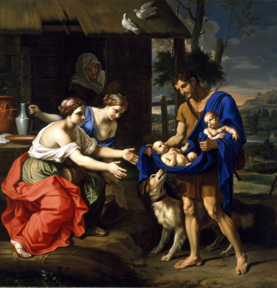 Na obrazie XVII-wiecznego francuskiego malarza Nicolasa Mignarda widzimy, jak pasterz Faustulus, który znalazł małych Romulusa i Remusa wrzuconych w fale rzeki Tyber, przynosi bliźnięta swojej żonie