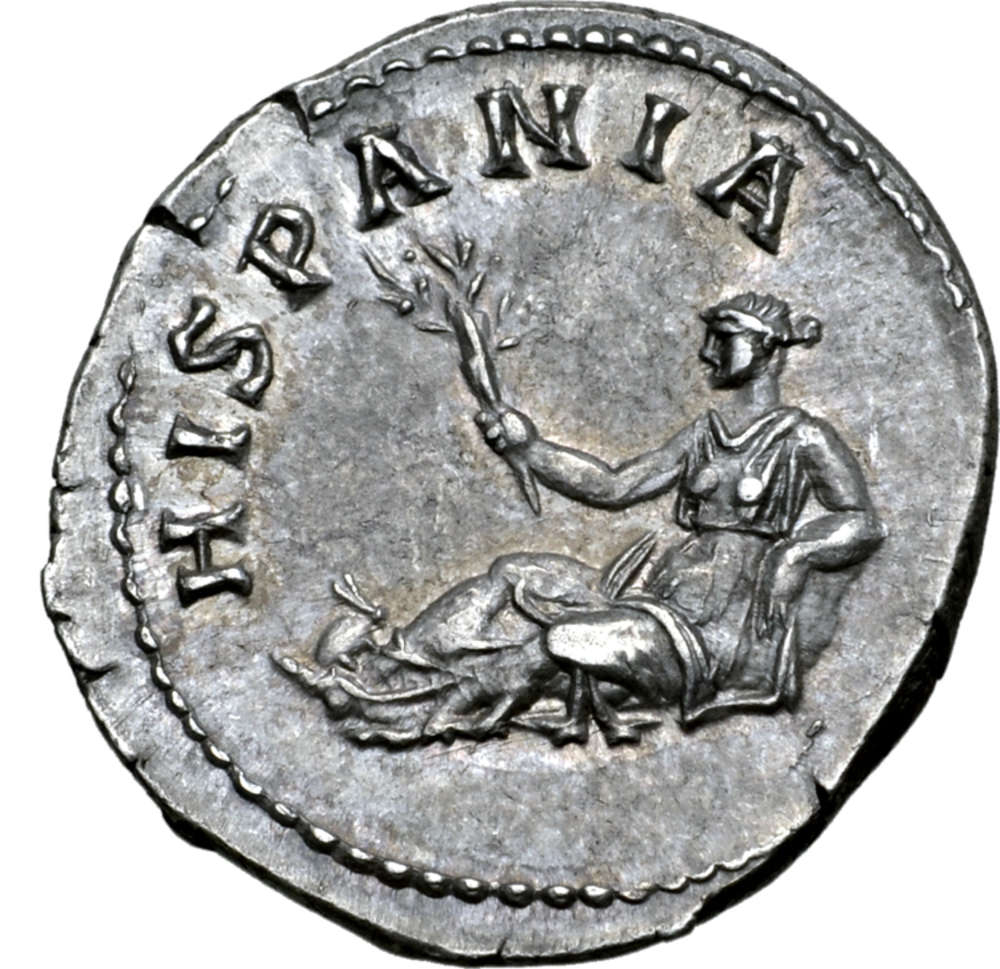 Starożytna moneta rzymska; widoczny jest wizerunek królika i napis HISPANIA