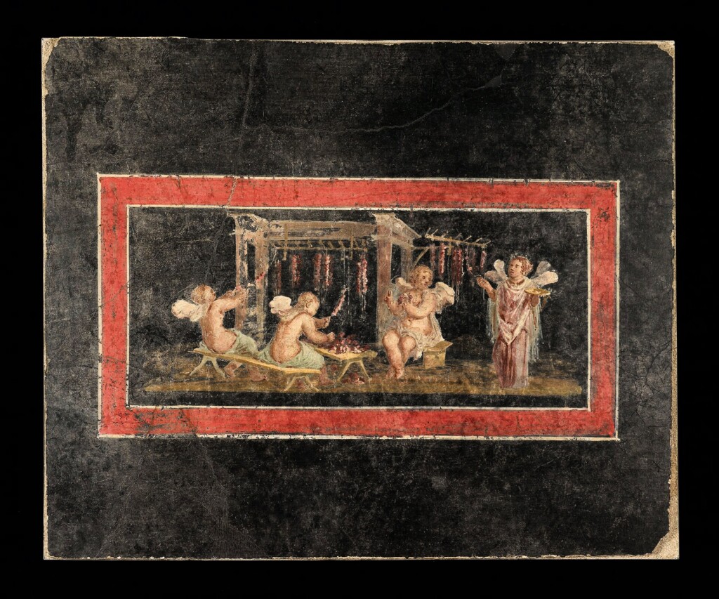 Pompejański fresk ukazujący plecenie girland przez kupidyny